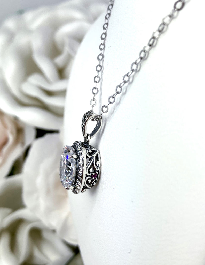 White CZ Pendant, Halo design, Art Deco Jewelry, Silver Embrace Jewelry, P228, Sterling Silver Filigree Antique Jewelry