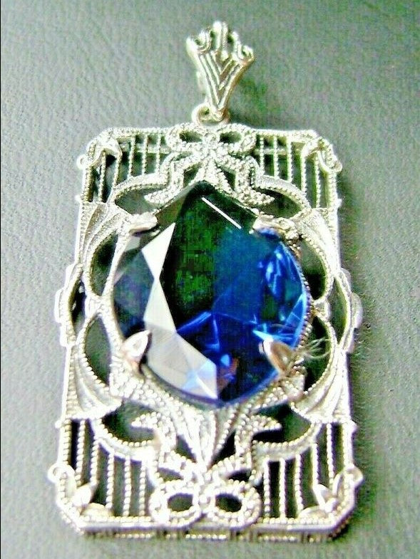 Blue Sapphire Antoinette Pendant, Art Deco Sterling silver Filigree, Vintage Jewelry, Silver Embrace Jewelry, P24