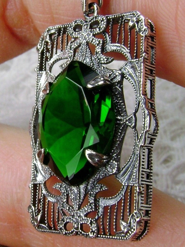 Green Emerald Antoinette Pendant, Art Deco Sterling silver Filigree, Vintage Jewelry, Silver Embrace Jewelry, P24