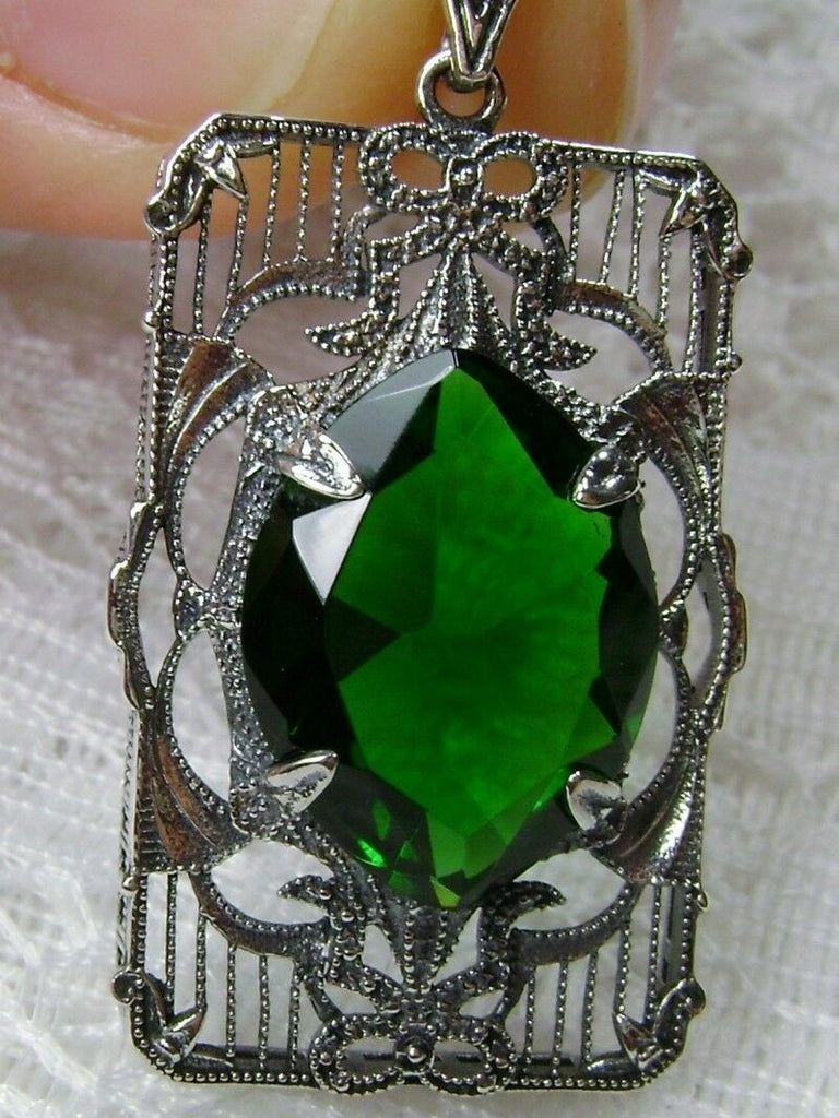 Green Emerald Antoinette Pendant, Art Deco Sterling silver Filigree, Vintage Jewelry, Silver Embrace Jewelry, P24