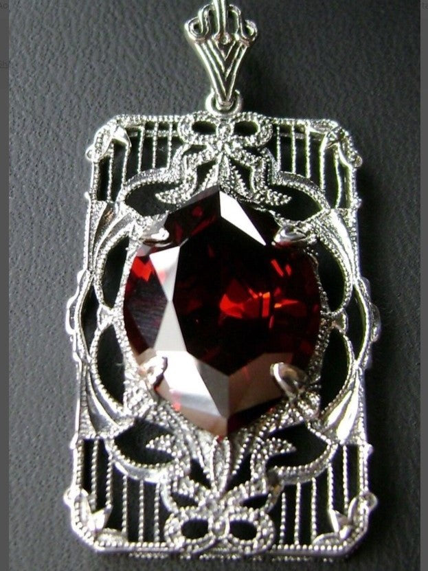 Red garnet CZ Antoinette Pendant, Art Deco Sterling silver Filigree, Vintage Jewelry, Silver Embrace Jewelry, P24