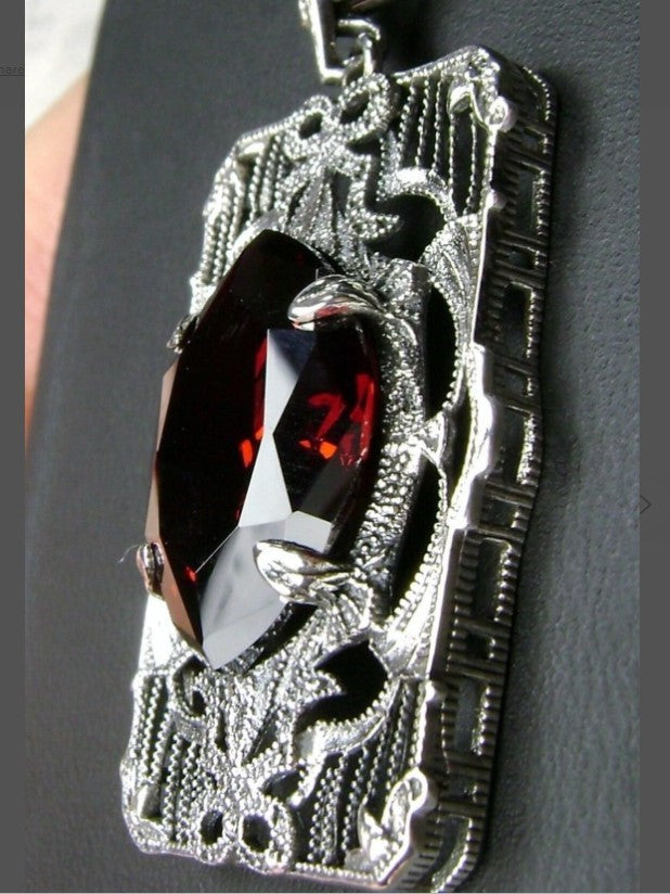 Red garnet Cubic Zirconia (CZ) Antoinette Pendant, Art Deco Sterling silver Filigree, Vintage Jewelry, Silver Embrace Jewelry, P24