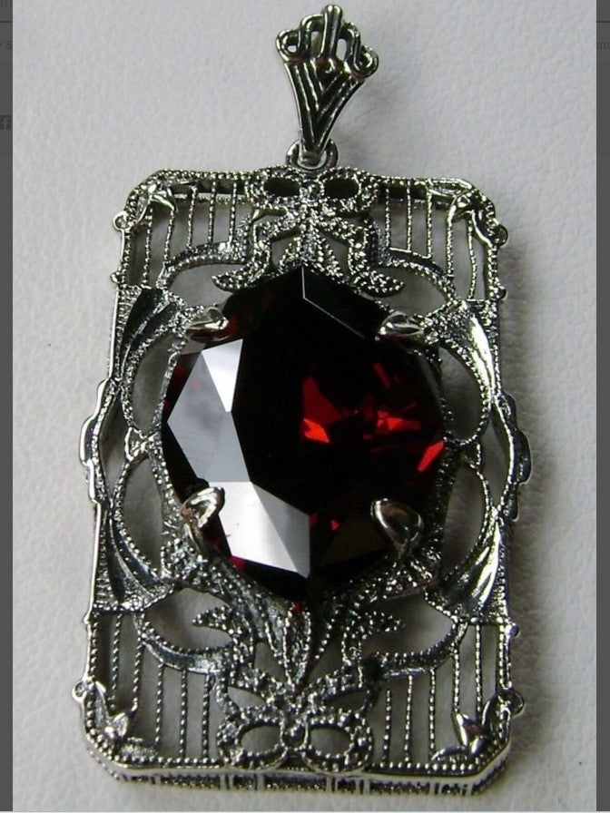 Red garnet CZ Antoinette Pendant, Art Deco Sterling silver Filigree, Vintage Jewelry, Silver Embrace Jewelry, P24