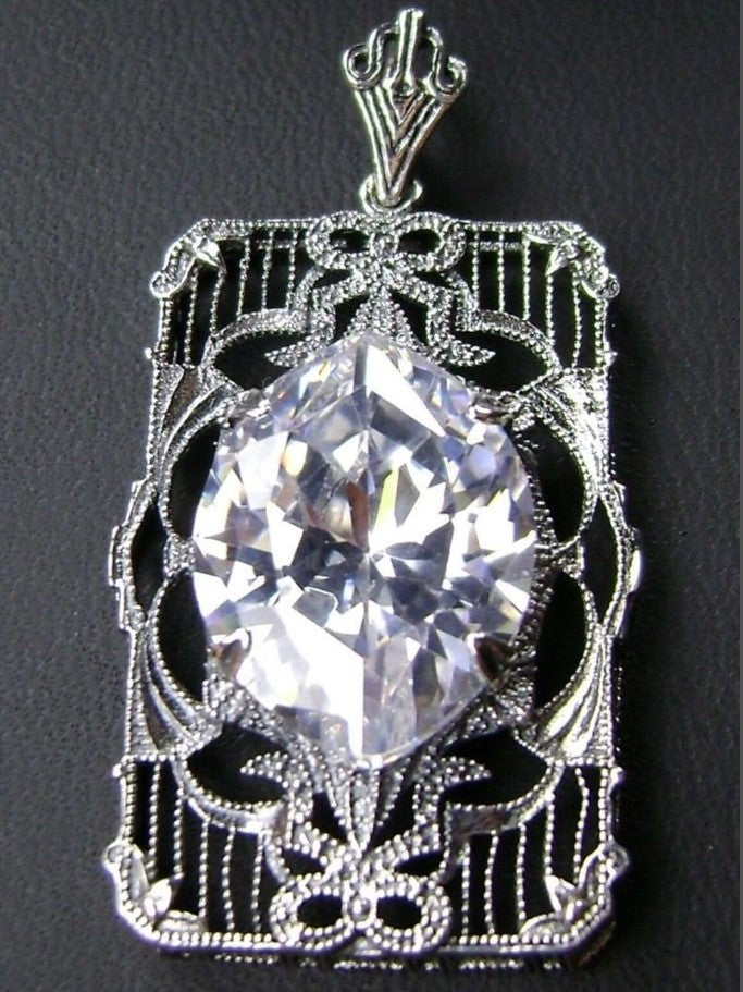 White CZ Antoinette Pendant, Art Deco Sterling silver Filigree, Vintage Jewelry, Silver Embrace Jewelry, P24