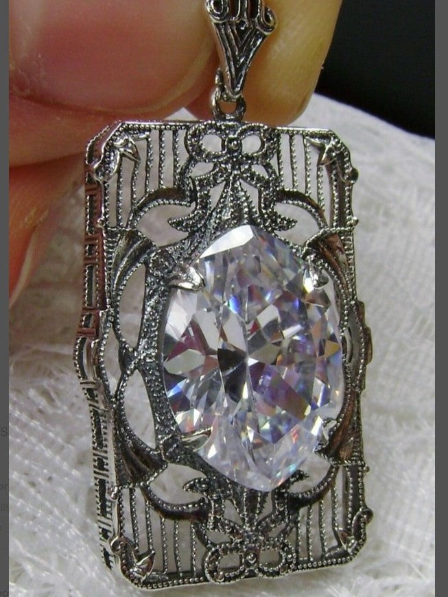 White Cubic Zirconia (CZ) Antoinette Pendant, Art Deco Sterling silver Filigree, Vintage Jewelry, Silver Embrace Jewelry, P24