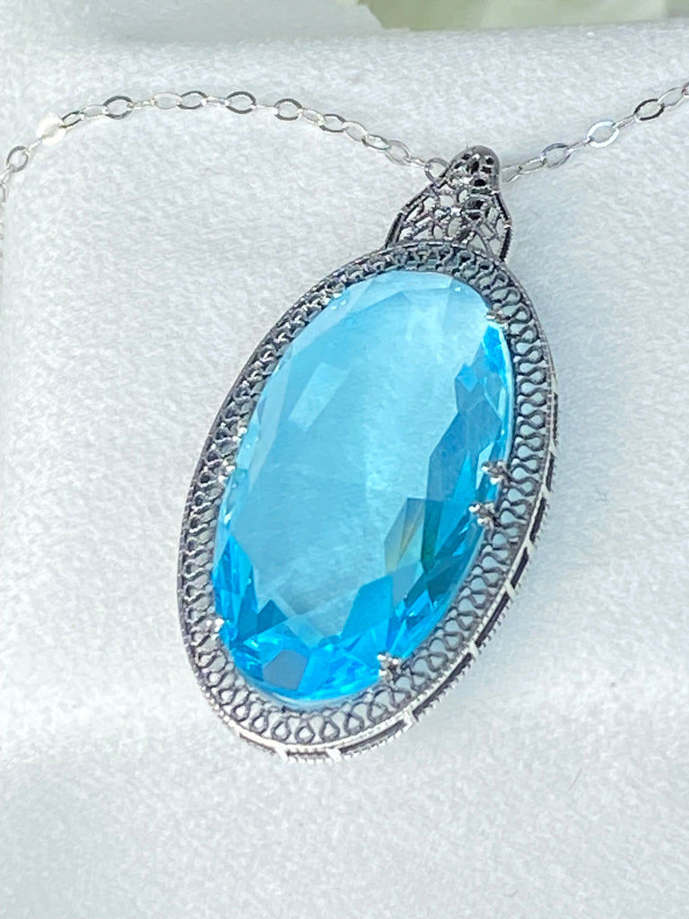 Sky Blue Aquamarine Pendant, large sky blue gem oval pendant with sterling silver art deco filigree, Silver Embrace Jewelry