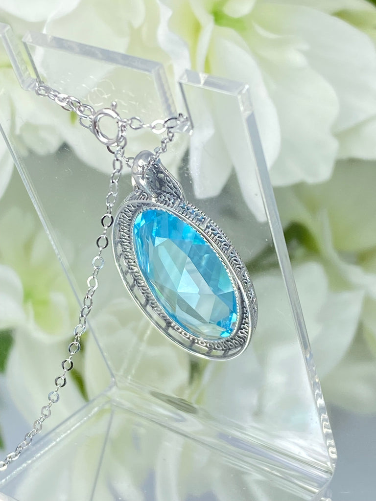 Sky Blue Aquamarine Pendant, large sky blue gem oval pendant with sterling silver art deco filigree, Silver Embrace Jewelry