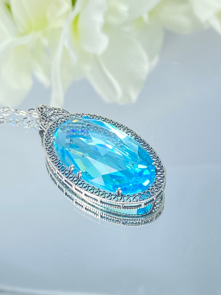 Sky Blue Aquamarine Pendant, large sky blue gem oval pendant with sterling silver art deco filigree, Silver Embrace Jewelry