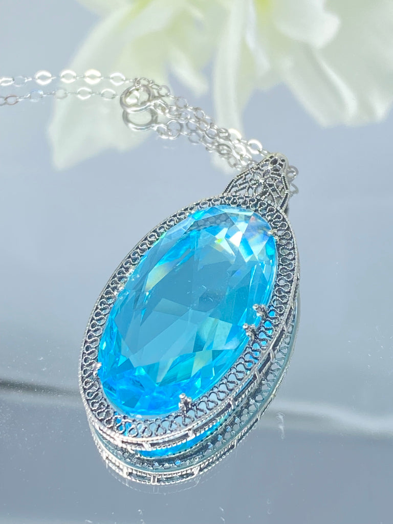 Sky Blue Aquamarine Pendant, large sky blue gem oval pendant with sterling silver art deco filigree, Silver Embrace Jewelry