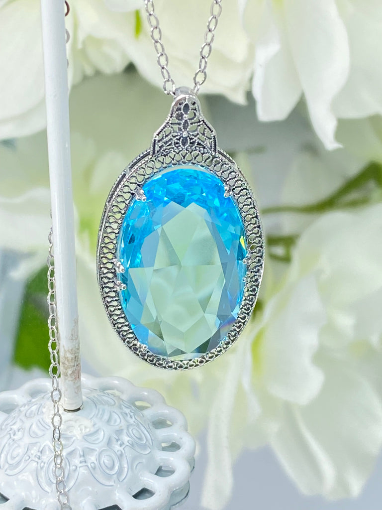 Sky Blue Aquamarine Pendant, large sky blue gem oval pendant with sterling silver art deco filigree, Silver Embrace Jewelry