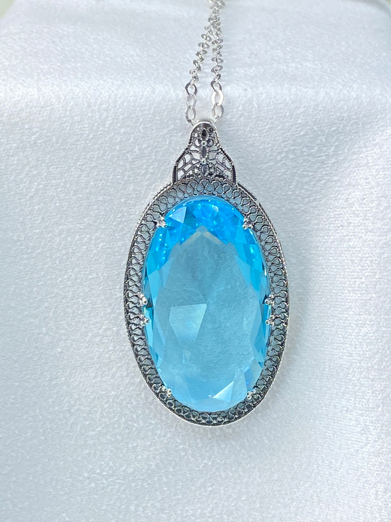 Sky Blue Aquamarine Pendant, large sky blue gem oval pendant with sterling silver art deco filigree, Silver Embrace Jewelry