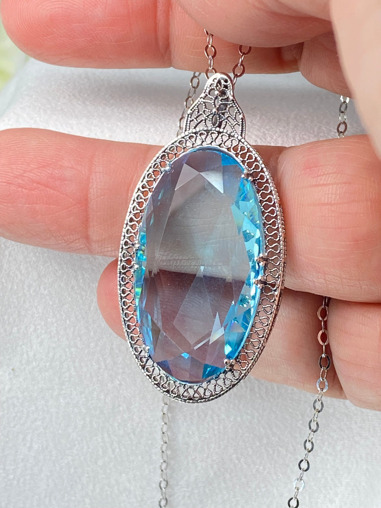 Sky Blue Aquamarine Pendant, large sky blue gem oval pendant with sterling silver art deco filigree, Silver Embrace Jewelry