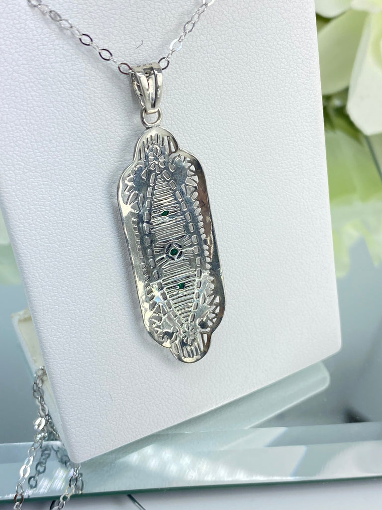 Natural Green Emerald Pendant, Vintage style, sterling silver filigree, Angel Wing Pendant, Vintage Antique Jewelry, Silver Embrace Jewelry, P359