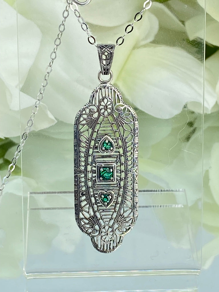 Natural Green Emerald Pendant, Vintage style, sterling silver filigree, Angel Wing Pendant, Vintage Antique Jewelry, Silver Embrace Jewelry, P359