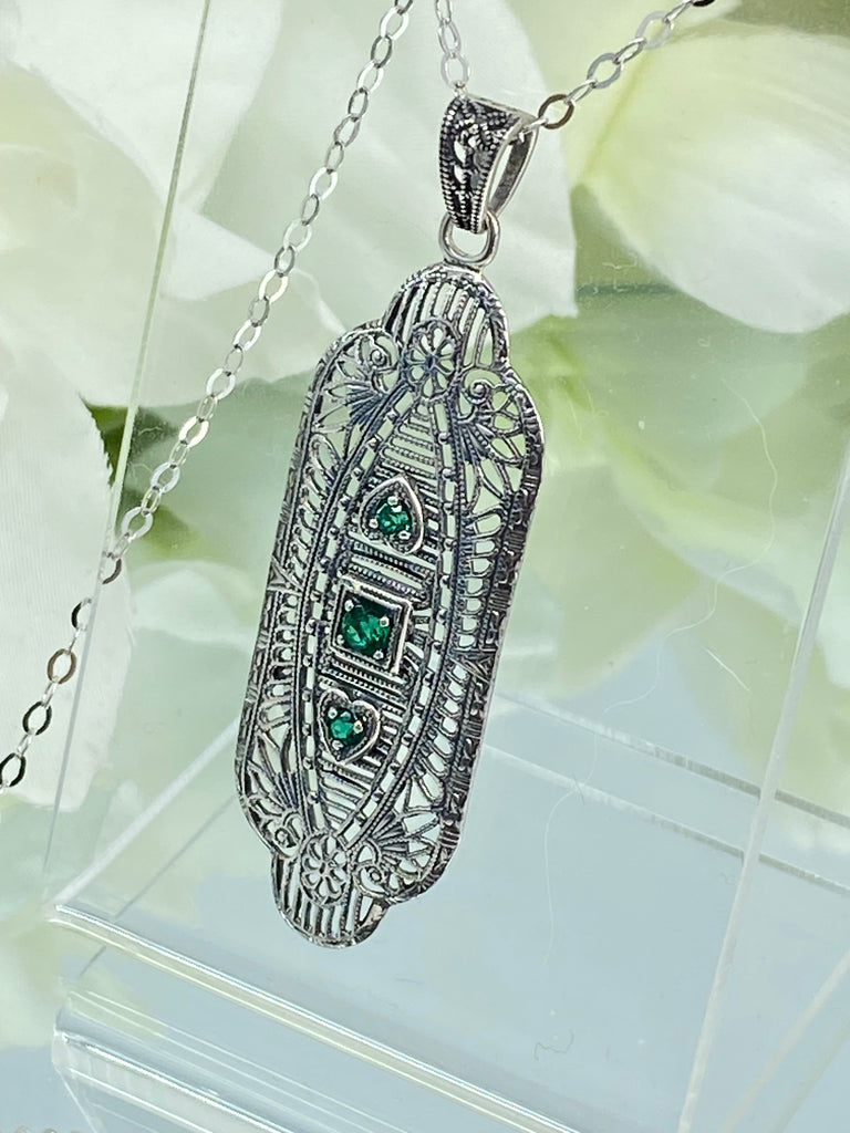 Natural Green Emerald Pendant, Vintage style, sterling silver filigree, Angel Wing Pendant, Vintage Antique Jewelry, Silver Embrace Jewelry, P359