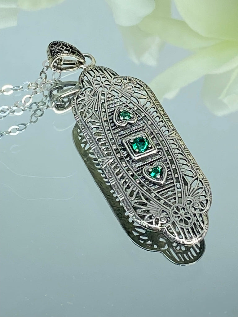 Natural Green Emerald Pendant, Vintage style, sterling silver filigree, Angel Wing Pendant, Vintage Antique Jewelry, Silver Embrace Jewelry, P359