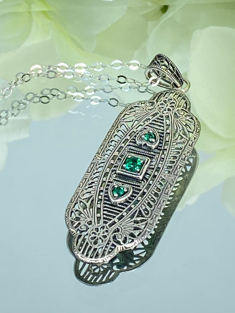 Natural Green Emerald Pendant, Vintage style, sterling silver filigree, Angel Wing Pendant, Vintage Antique Jewelry, Silver Embrace Jewelry, P359