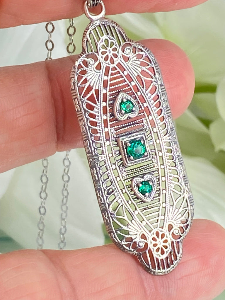 Natural Green Emerald Pendant, Vintage style, sterling silver filigree, Angel Wing Pendant, Vintage Antique Jewelry, Silver Embrace Jewelry, P359