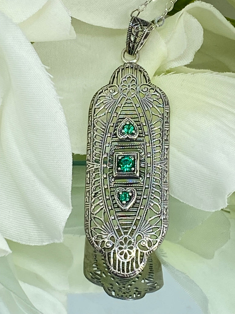 Natural Green Emerald Pendant, Vintage style, sterling silver filigree, Angel Wing Pendant, Vintage Antique Jewelry, Silver Embrace Jewelry, P359