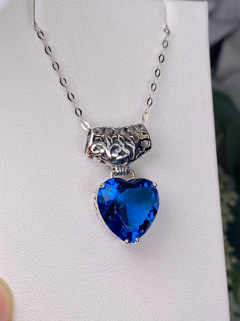 London Blue Topaz Heart Pendant, Heart shaped faceted gemstone, sterling silver filigree, antique design jewelry, vintage style jewelry, silver embrace Jewelry, P38