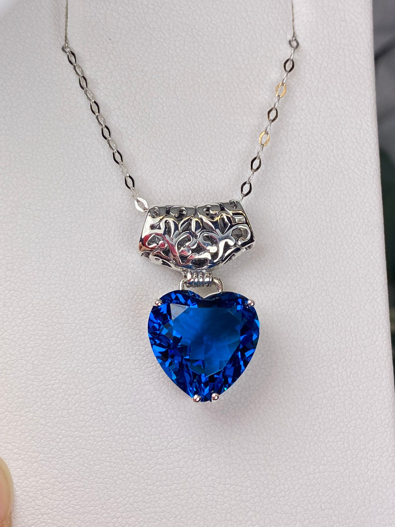London Blue Topaz Heart Pendant, Heart shaped faceted gemstone, sterling silver filigree, antique design jewelry, vintage style jewelry, silver embrace Jewelry, P38
