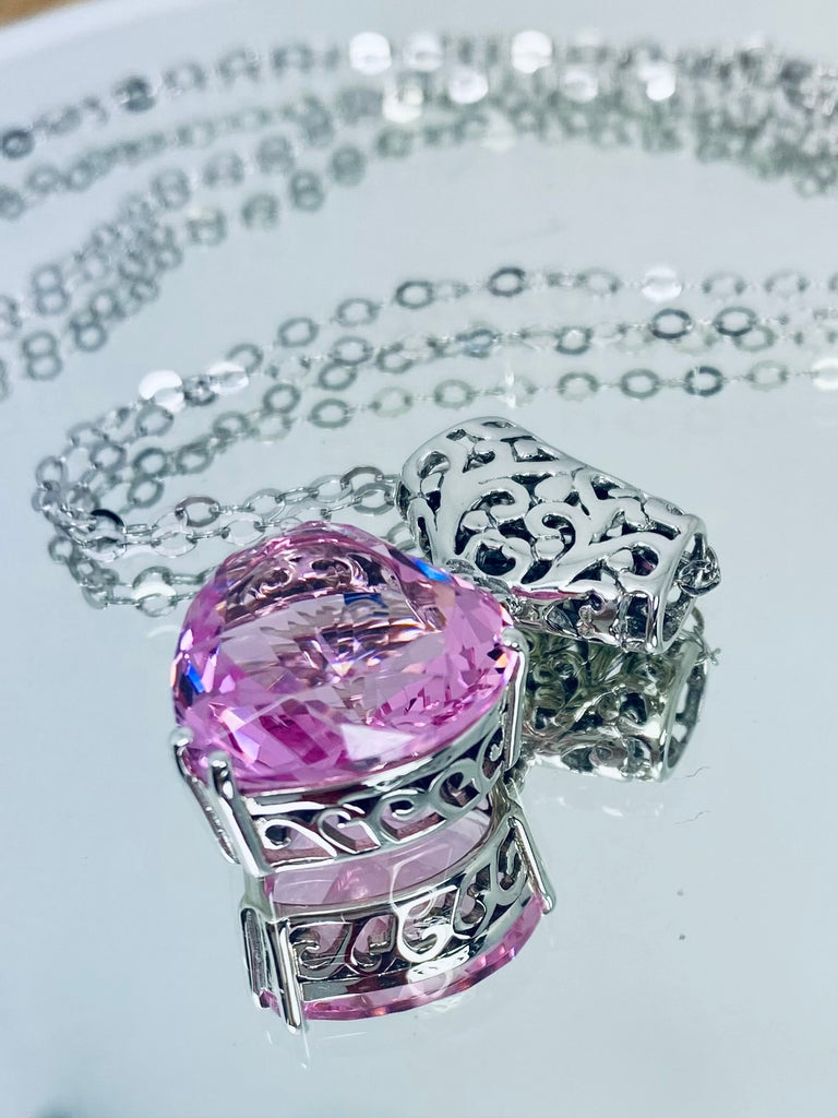 Pink Topaz Heart Pendant, Pink Necklace, Heart gemstone, Art Nouveau Necklace, P38, Sterling Silver Filigree, Silver Embrace Jewelry, P38