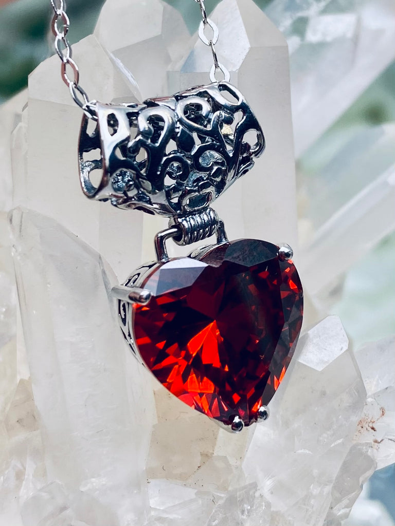 Red Garnet CZ Heart Pendant, Heart shaped faceted gemstone, sterling silver filigree, antique design jewelry, vintage style jewelry, silver embrace Jewelry, P38