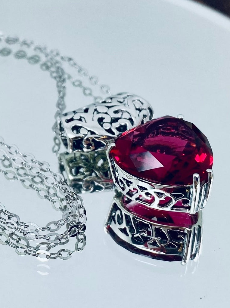 Red Ruby Pendant, Heart Pendant, Art Nouveau Necklace, Sterling Silver Filigree, Silver Embrace Jewelry,P38, In Stock