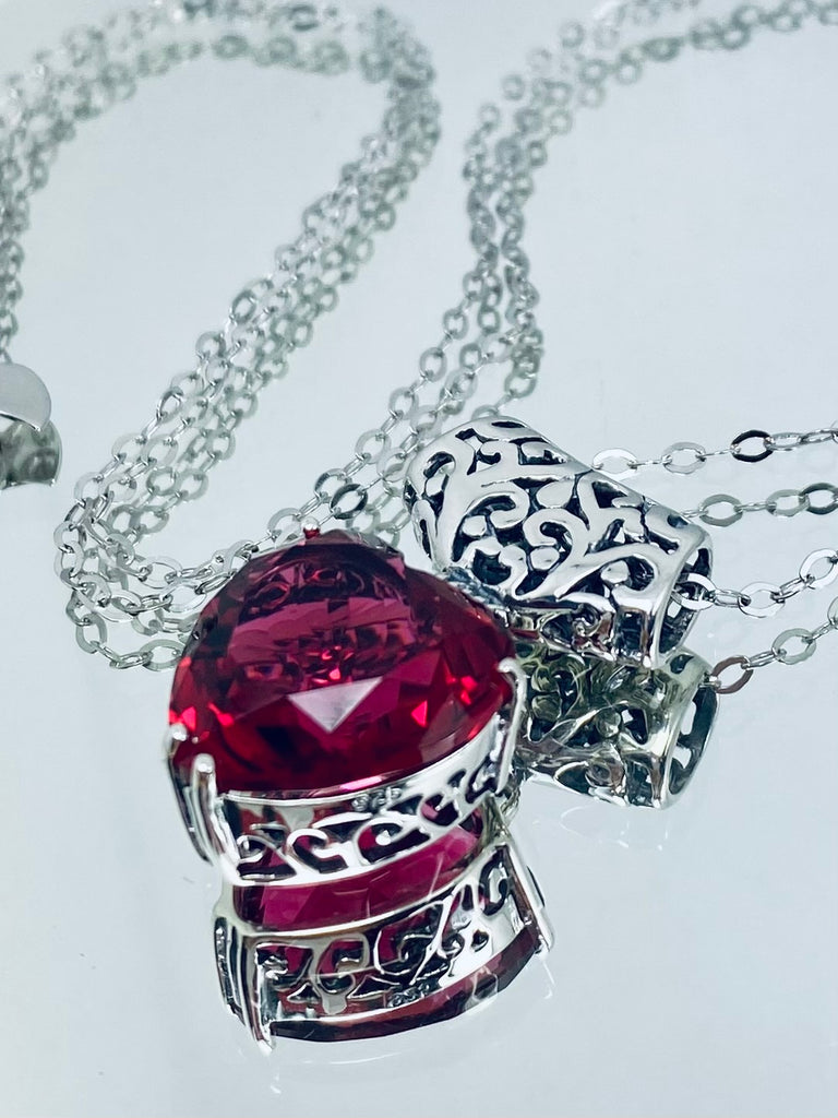 Red Ruby Pendant, Heart Pendant, Art Nouveau Necklace, Sterling Silver Filigree, Silver Embrace Jewelry, P38, In Stock