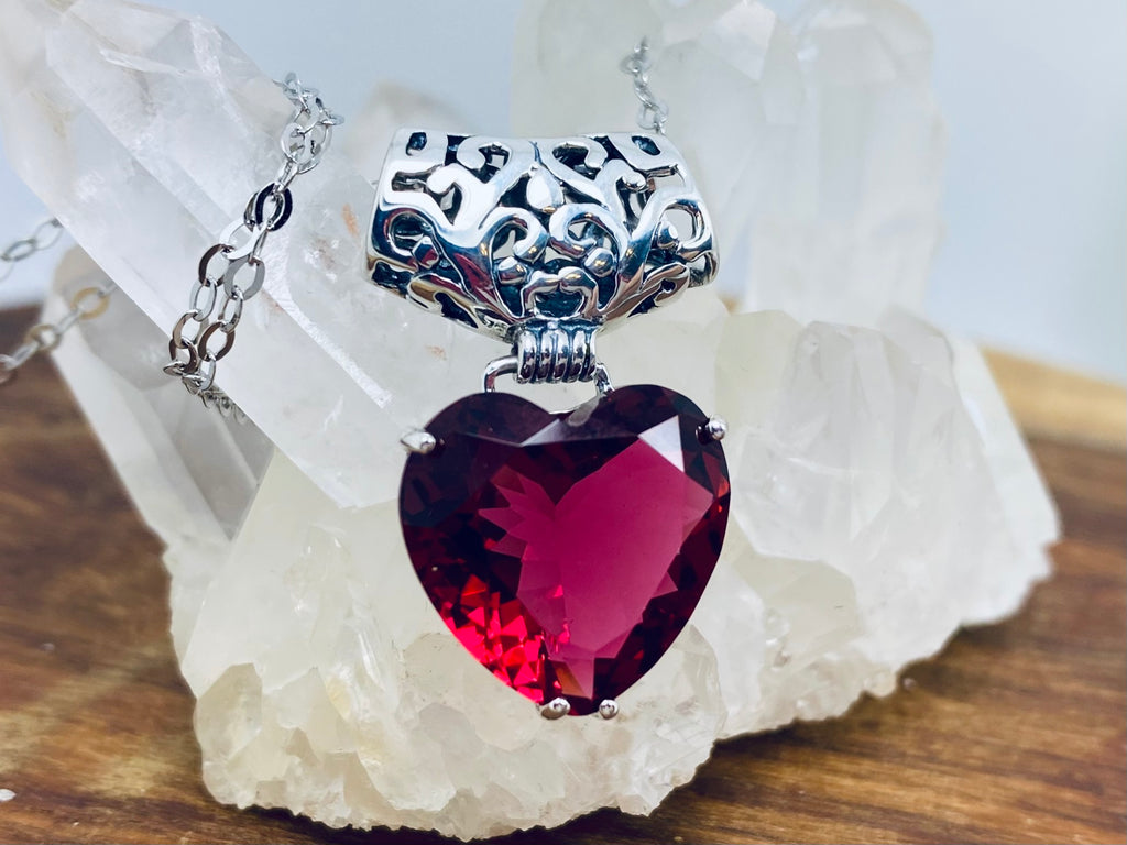 Red Ruby Heart Pendant, Ruby Necklace, Heart gemstone, Art Nouveau Necklace, P38, Sterling Silver Filigree, Silver Embrace Jewelry, P38