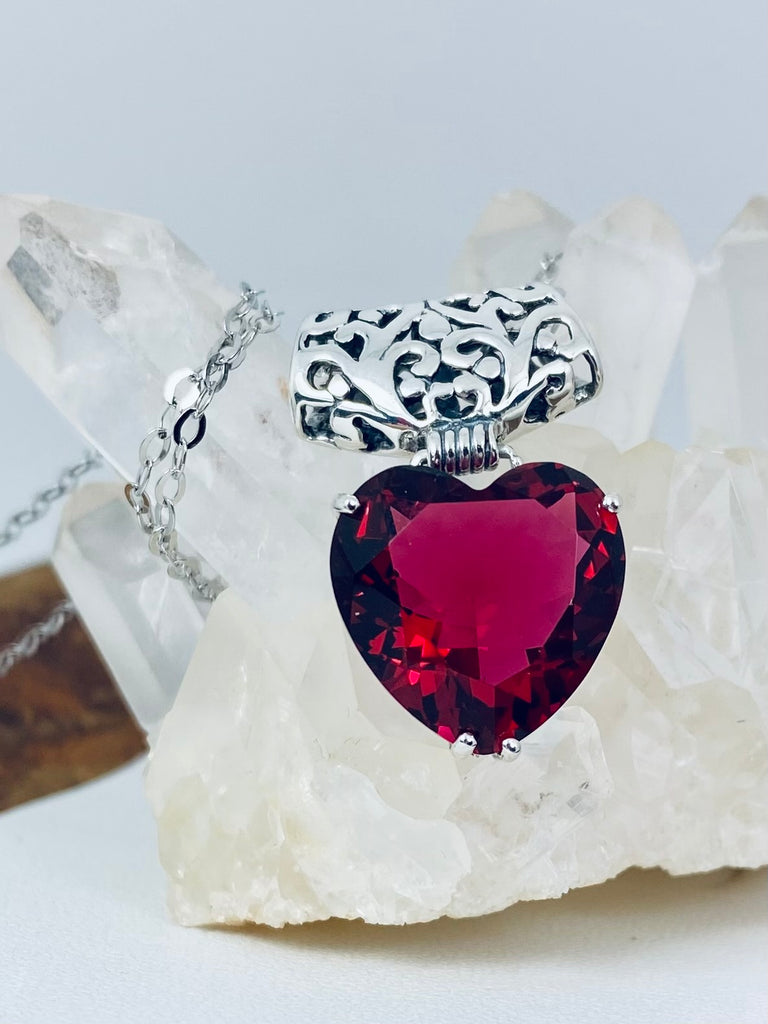 Red Ruby Heart Pendant, Ruby Necklace, Heart gemstone, Art Nouveau Necklace, P38, Sterling Silver Filigree, Silver Embrace Jewelry, P38