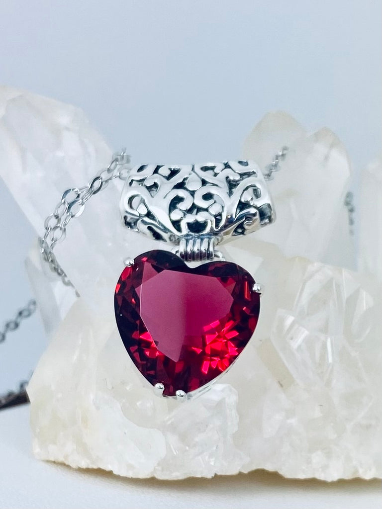 Red Ruby Heart Pendant, Ruby Necklace, Heart gemstone, Art Nouveau Necklace, P38, Sterling Silver Filigree, Silver Embrace Jewelry, P38