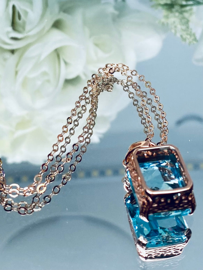 Aquamarine Necklace, Blue Gem pendant with chain, rose Gold plated sterling silver, G design, Silver Embrace Jewelry, P5, Art Deco Filigree