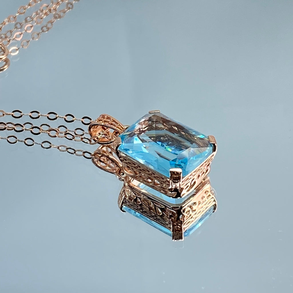 Aquamarine Necklace, Blue Gem pendant with chain, rose Gold plated sterling silver, G design, Silver Embrace Jewelry, P5, Art Deco Filigree
