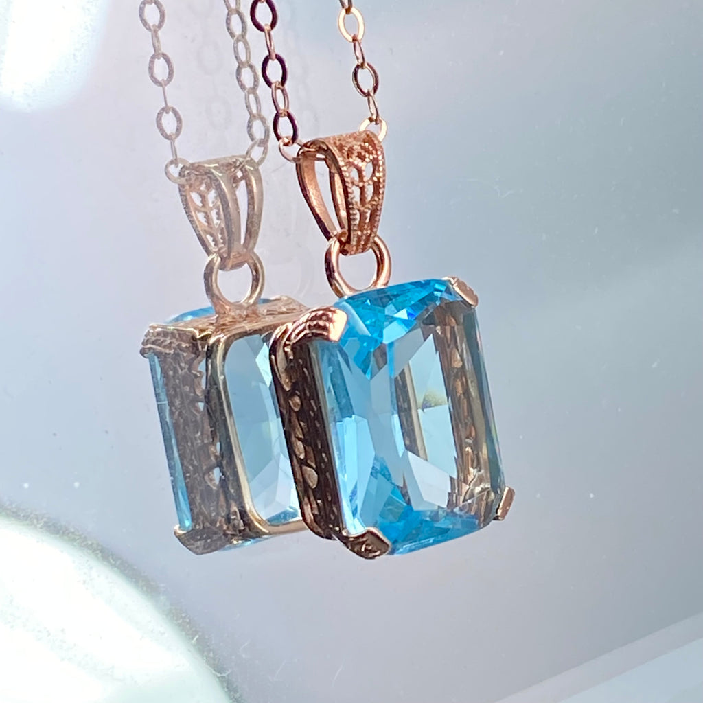Aquamarine Necklace, Blue Gem pendant with chain, rose Gold plated sterling silver, G design, Silver Embrace Jewelry, P5, Art Deco Filigree