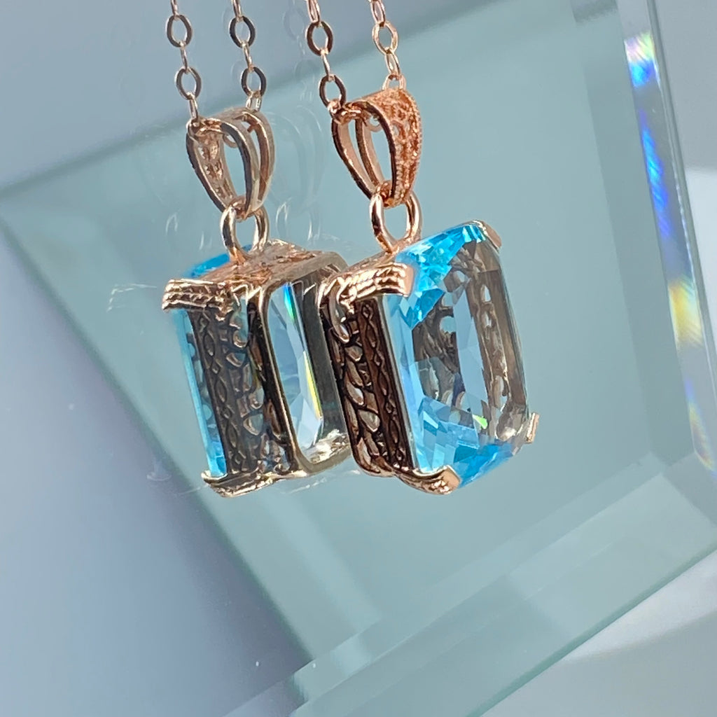 Aquamarine Necklace, Blue Gem pendant with chain, rose Gold plated sterling silver, G design, Silver Embrace Jewelry, P5, Art Deco Filigree