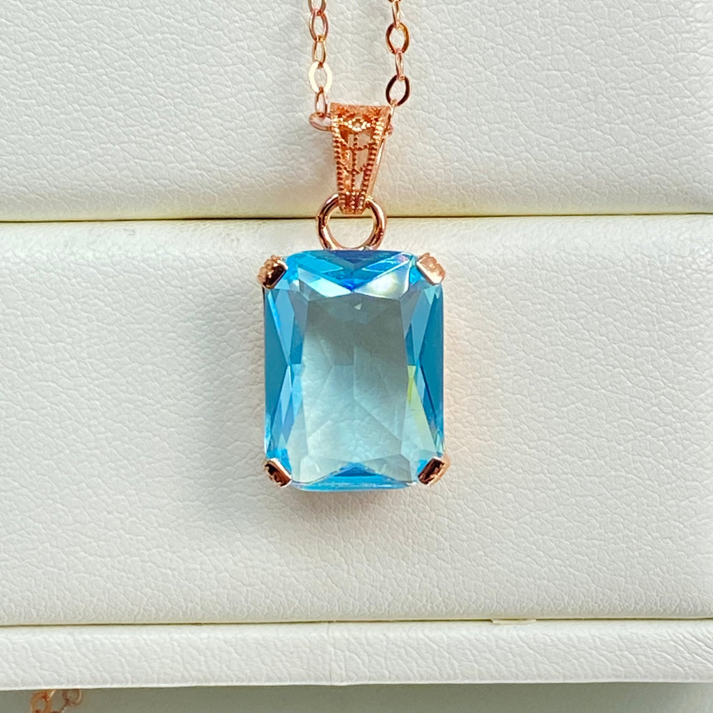 Aquamarine Necklace, Blue Gem pendant with chain, rose Gold plated sterling silver, G design, Silver Embrace Jewelry, P5, Art Deco Filigree