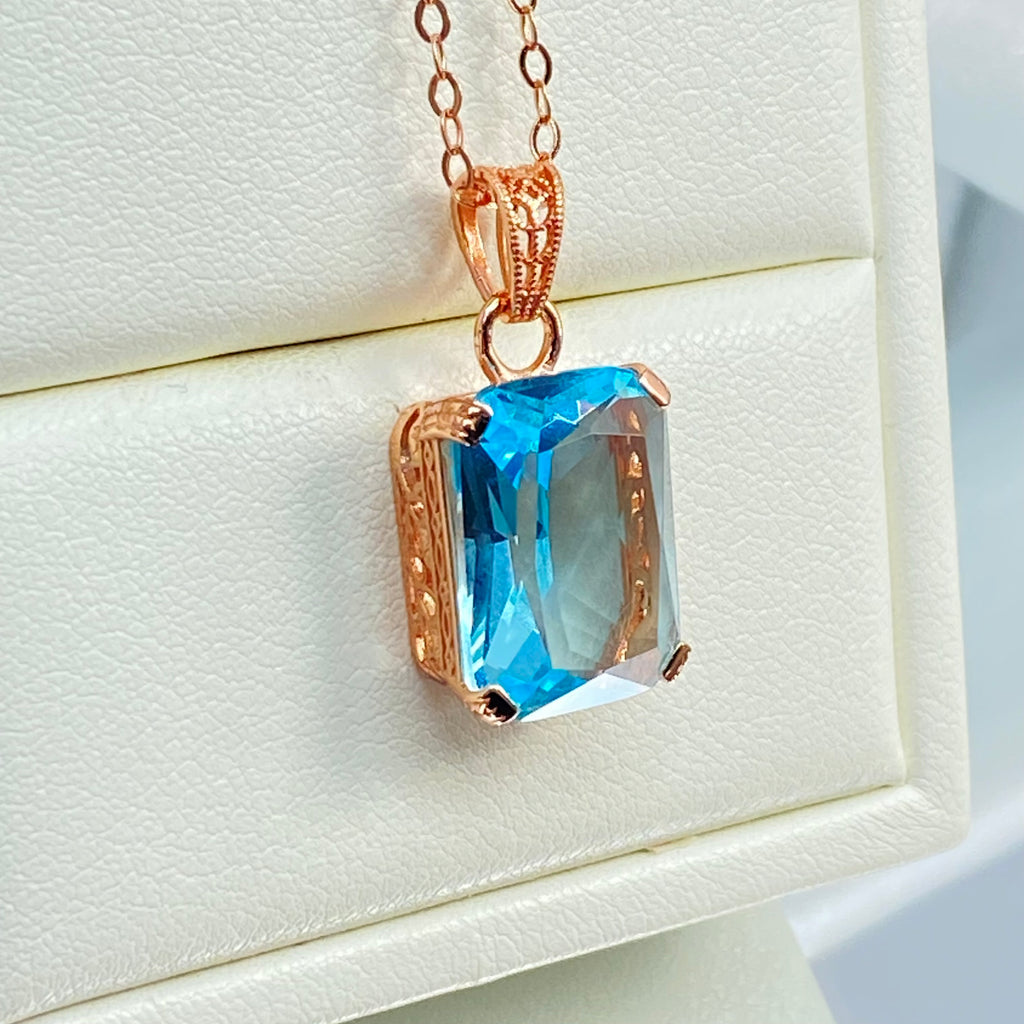 Aquamarine Necklace, Blue Gem pendant with chain, rose Gold plated sterling silver, G design, Silver Embrace Jewelry, P5, Art Deco Filigree