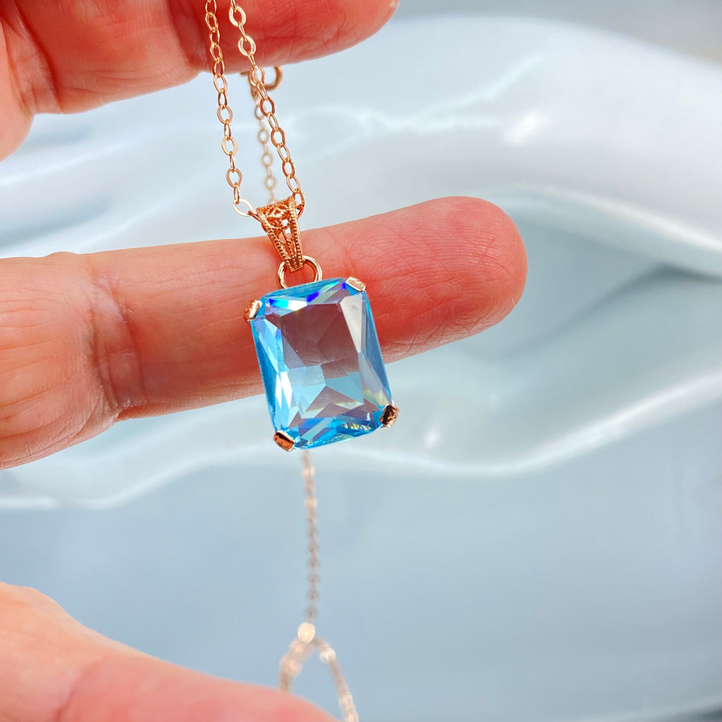 Aquamarine Necklace, Blue Gem pendant with chain, rose Gold plated sterling silver, G design, Silver Embrace Jewelry, P5, Art Deco Filigree