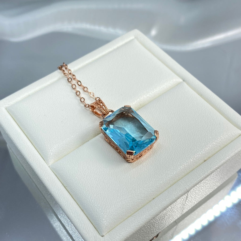Aquamarine Necklace, Blue Gem pendant with chain, rose Gold plated sterling silver, G design, Silver Embrace Jewelry, P5, Art Deco Filigree