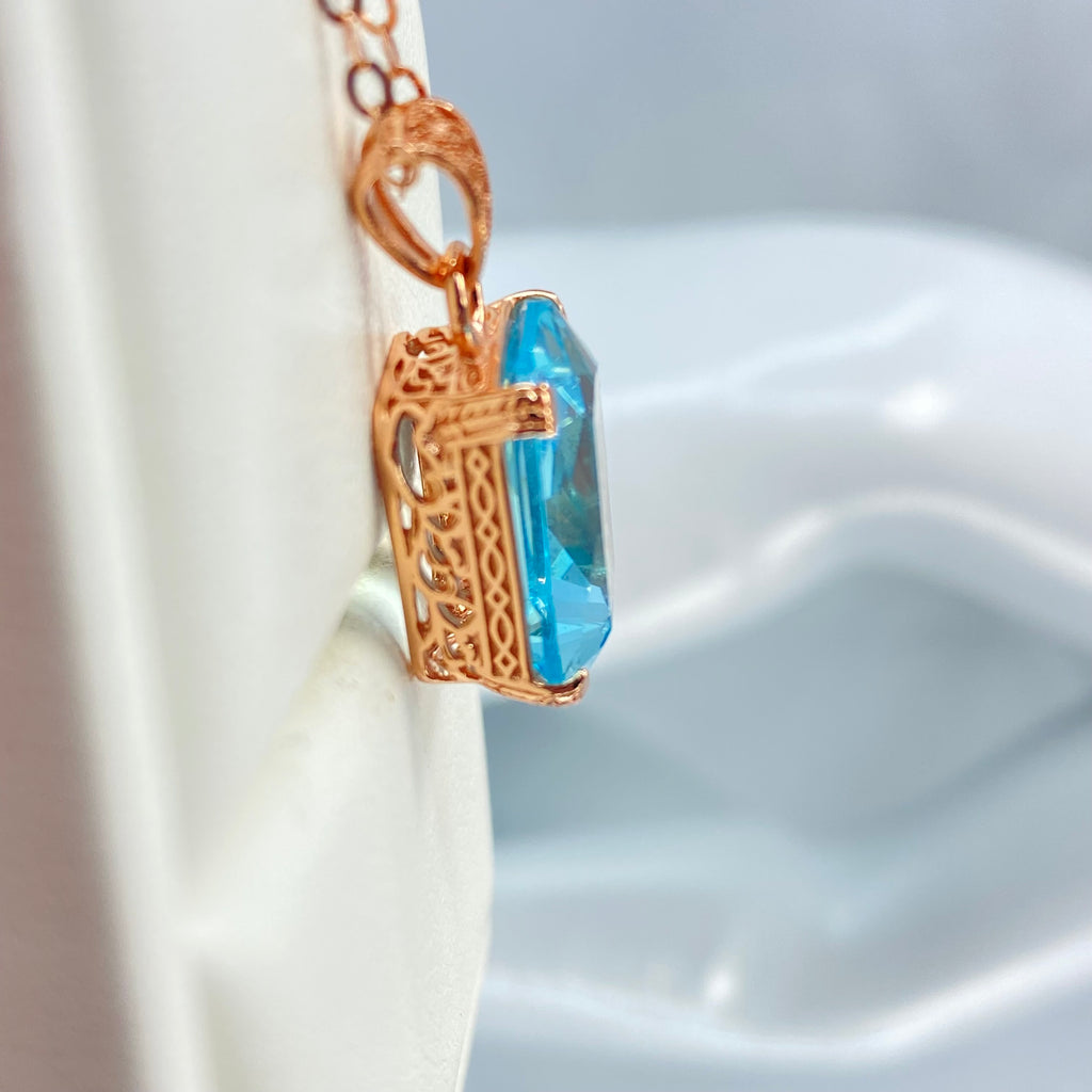Aquamarine Necklace, Blue Gem pendant with chain, rose Gold plated sterling silver, G design, Silver Embrace Jewelry, P5, Art Deco Filigree