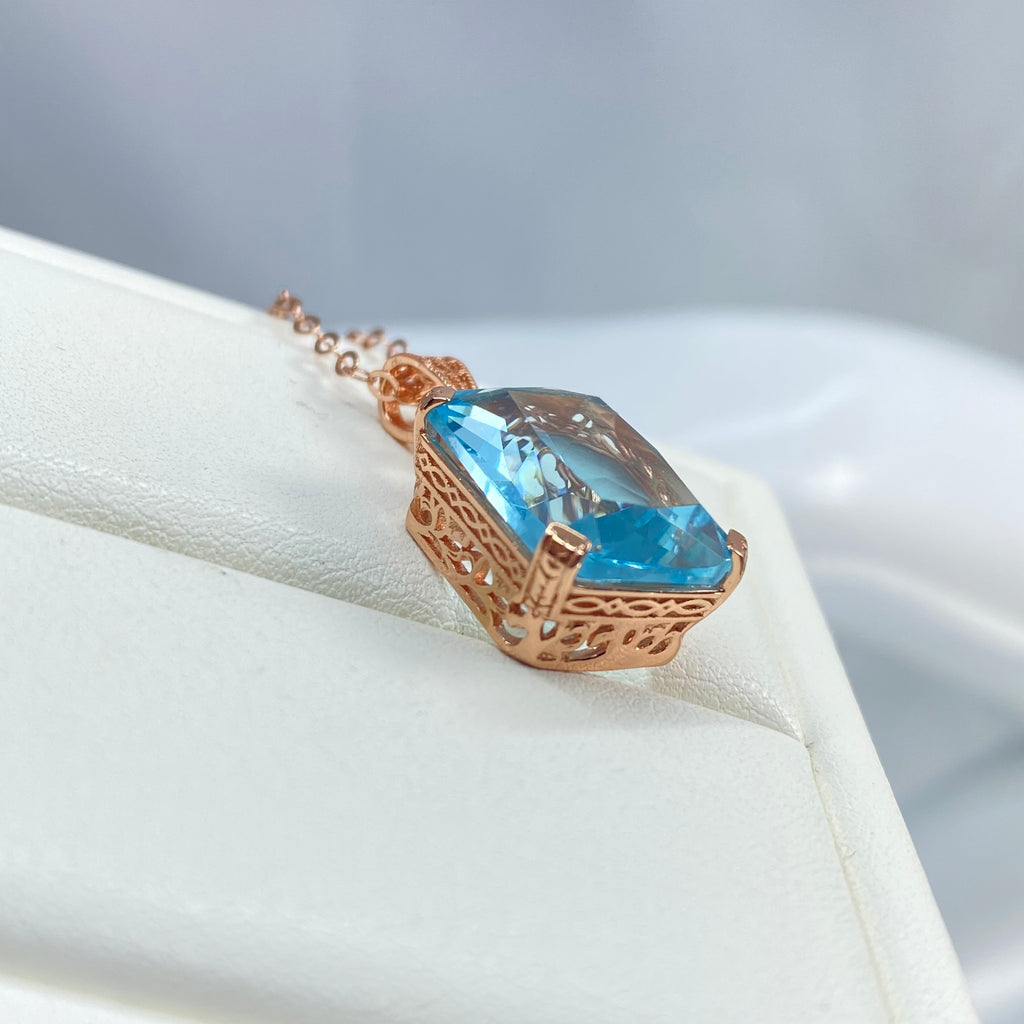 Aquamarine Necklace, Blue Gem pendant with chain, rose Gold plated sterling silver, G design, Silver Embrace Jewelry, P5, Art Deco Filigree