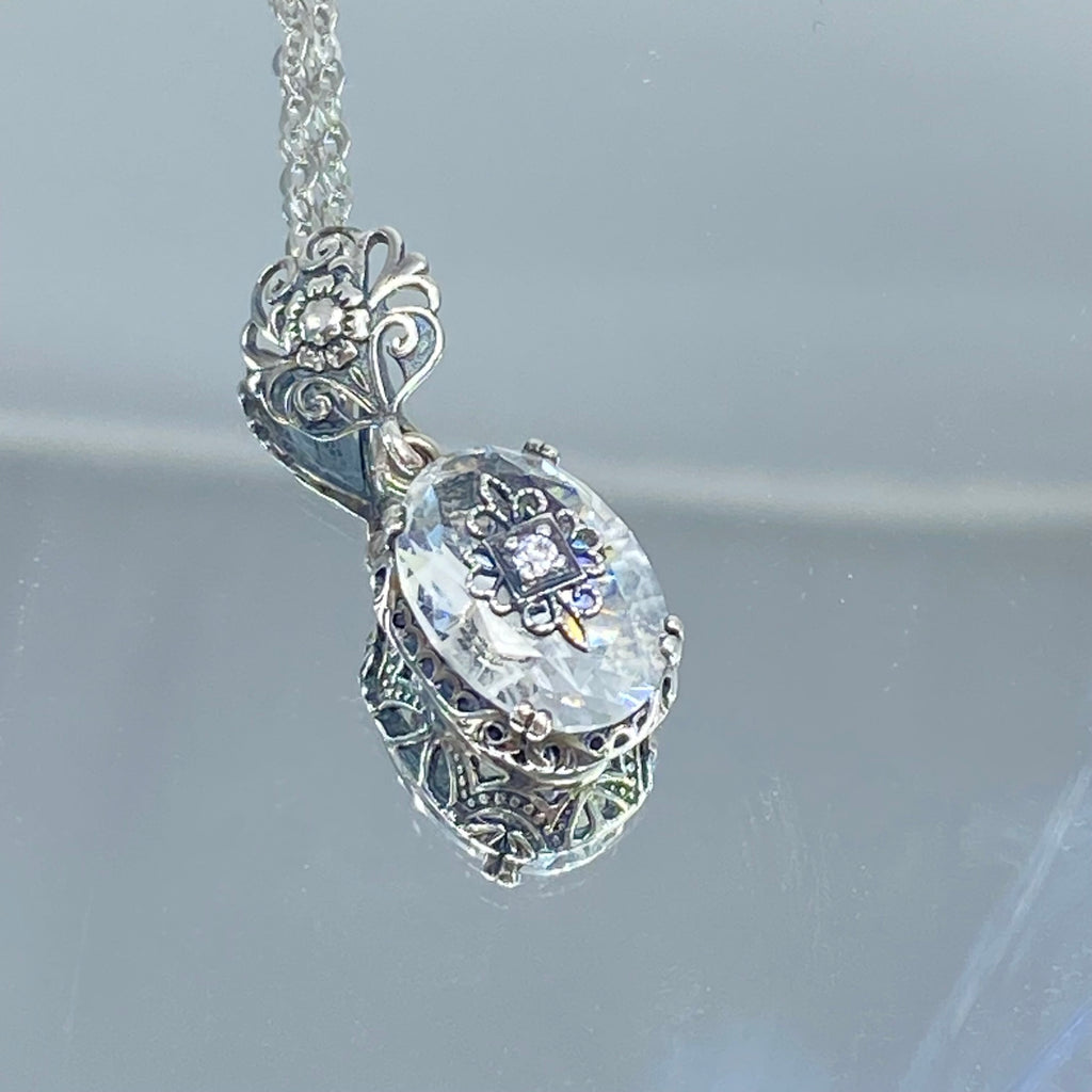 White Topaz with inlaid filigree oval pendant necklace, Edwardian filigree, sterling silver, Vintage Jewelry, Edward Embellished #P70e