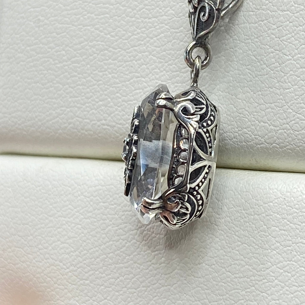 White Topaz with inlaid filigree oval pendant necklace, Edwardian filigree, sterling silver, Vintage Jewelry, Edward Embellished #P70e