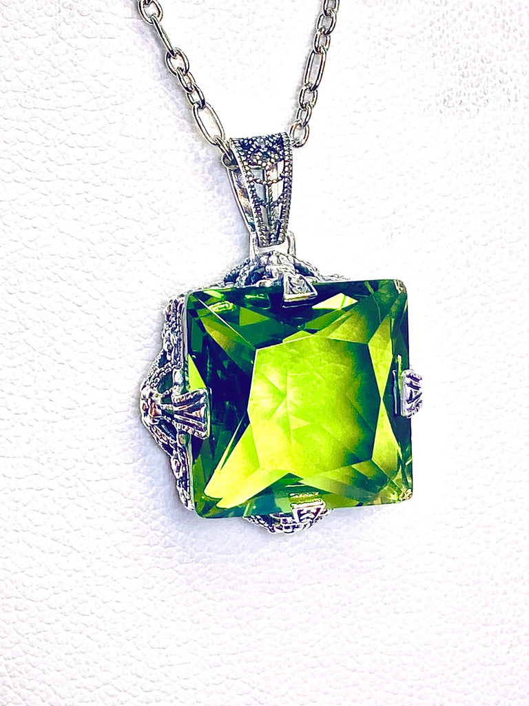 Peridot Necklace, Square Victorian Pendant Necklace, Sterling silver filigree, P77, Silver Embrace Jewerly