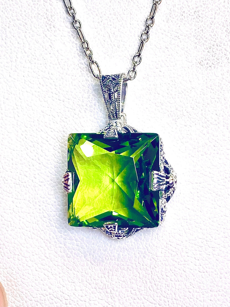 Peridot Necklace, Square Victorian Pendant Necklace, Sterling silver filigree, P77, Silver Embrace Jewerly
