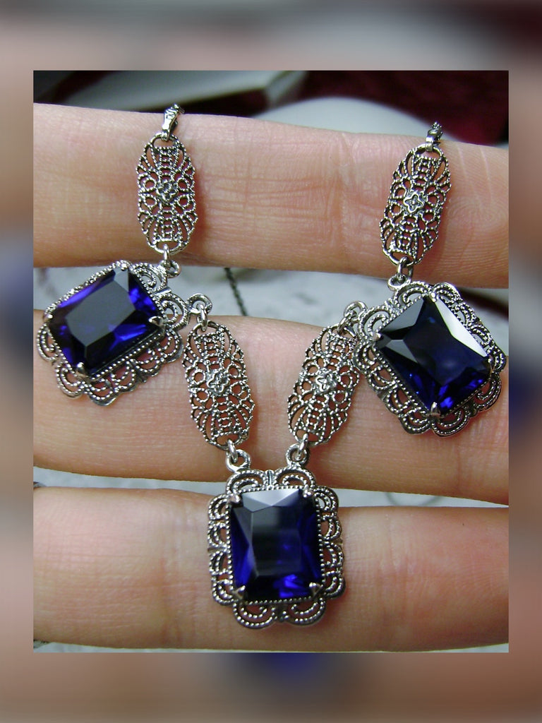 Blue Sapphire Festoon Necklace, Sterling Silver Filigree, Victorian Jewelry, Silver Embrace Jewelry, P8