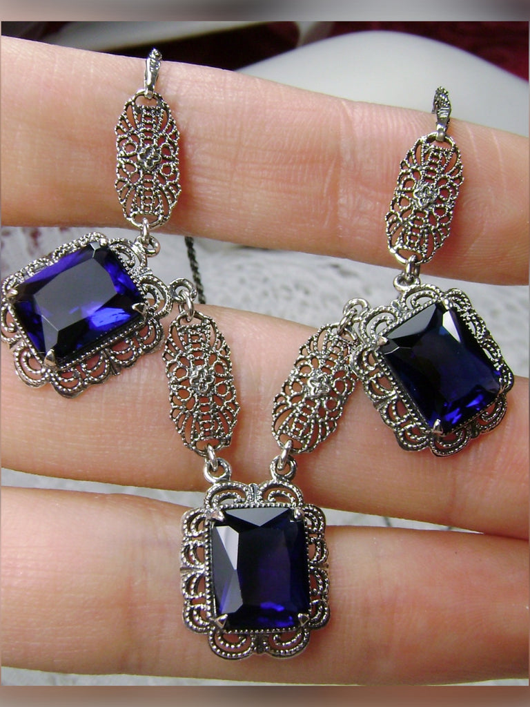 Blue Sapphire Festoon Necklace, Sterling Silver Filigree, Victorian Jewelry, Silver Embrace Jewelry, P8