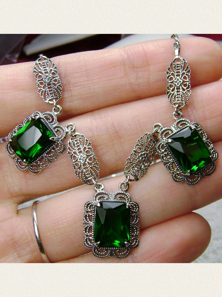 Green Emerald Festoon Necklace, Sterling Silver Filigree, Victorian Jewelry, Silver Embrace Jewelry, P8