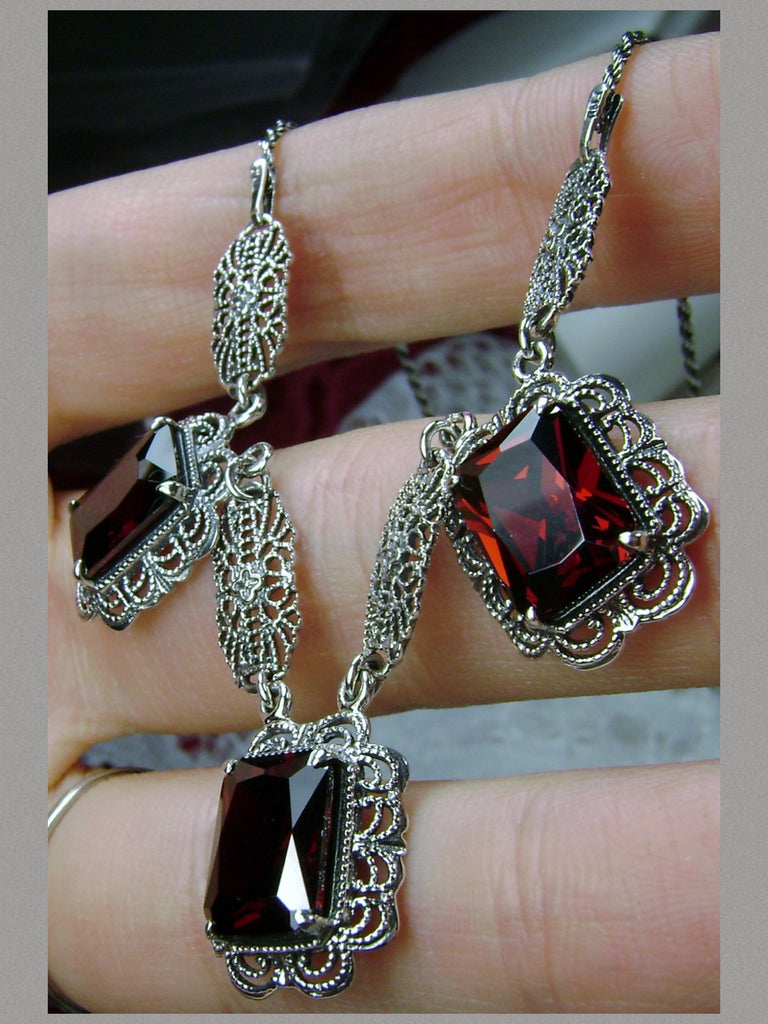 Red garnet CZ Festoon Necklace, Sterling Silver Filigree, Victorian Jewelry, Silver Embrace Jewelry, P8